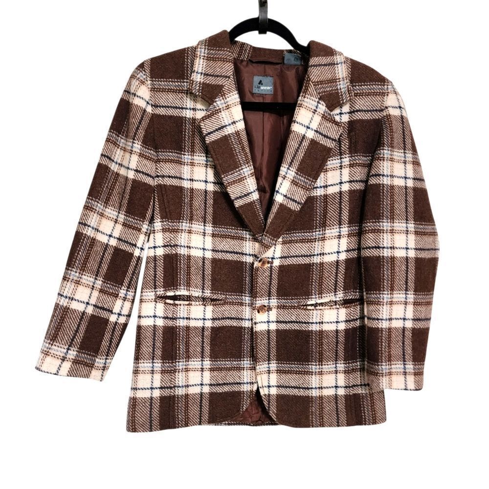 Vintage Liz Wear Blazer Jacket 4p Wool Brown Plaid Acedamia Equestrian Herritage